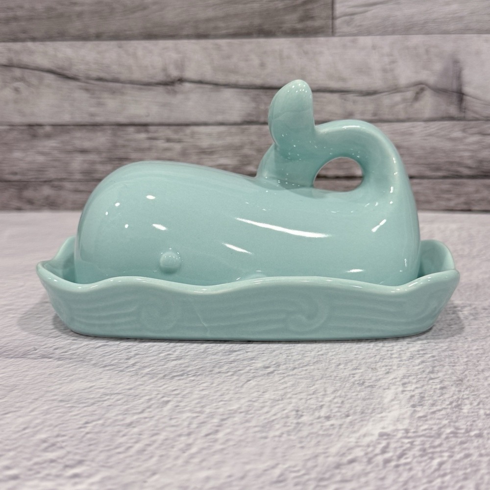 Creative Co-Op Aqua Blue Whale Butter Dish w/ Lid Stoneware Cottage Core